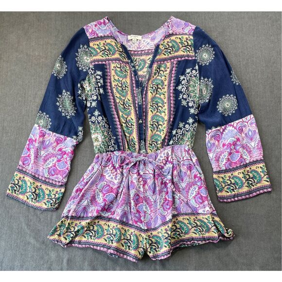 Umgee Boho Paisley Shorts Romper Womens M Blue Purple Long Sleeve Cottagecore - Picture 1 of 12